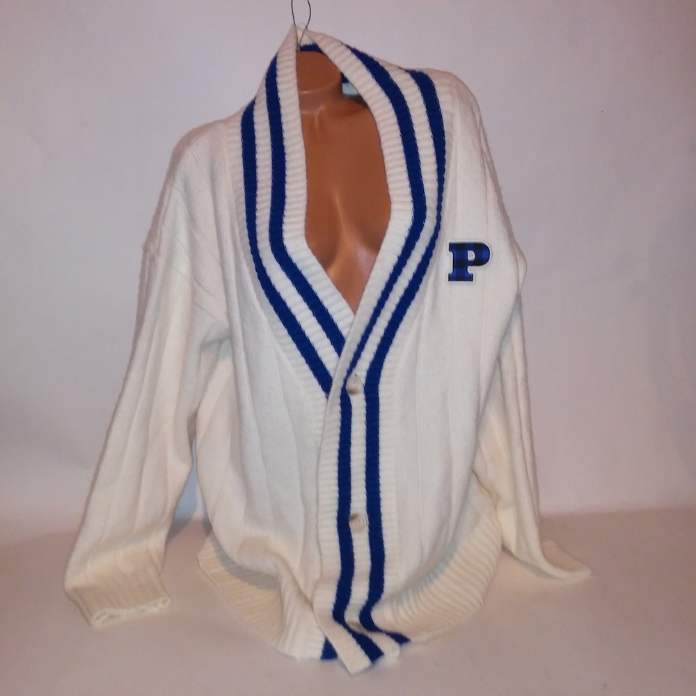 Victoria Secret PINK Sweater Cardigan Large Ivory Blue Knit Preppy Academia New